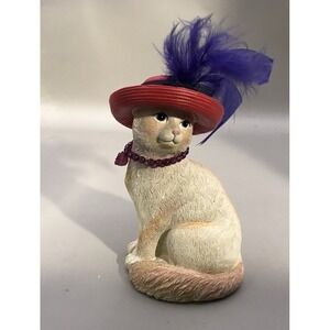Pretty White Resin Kitty With A Red Hat With Purple Feather